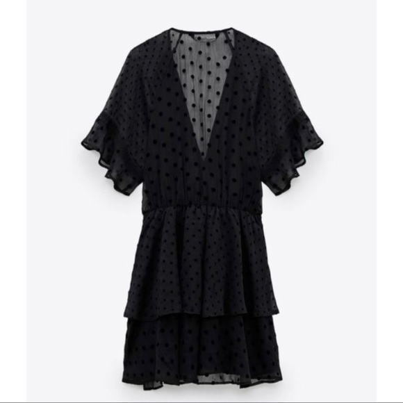 ZARA Black Polka Dot Deep V Neck Mini Dress - Picture 5 of 9